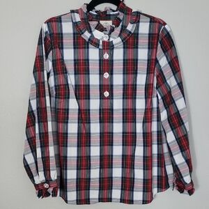 St Johns Bay WomenPlaid Ruffle Tunic Top Size L Red Green Cotton Preppy Classic